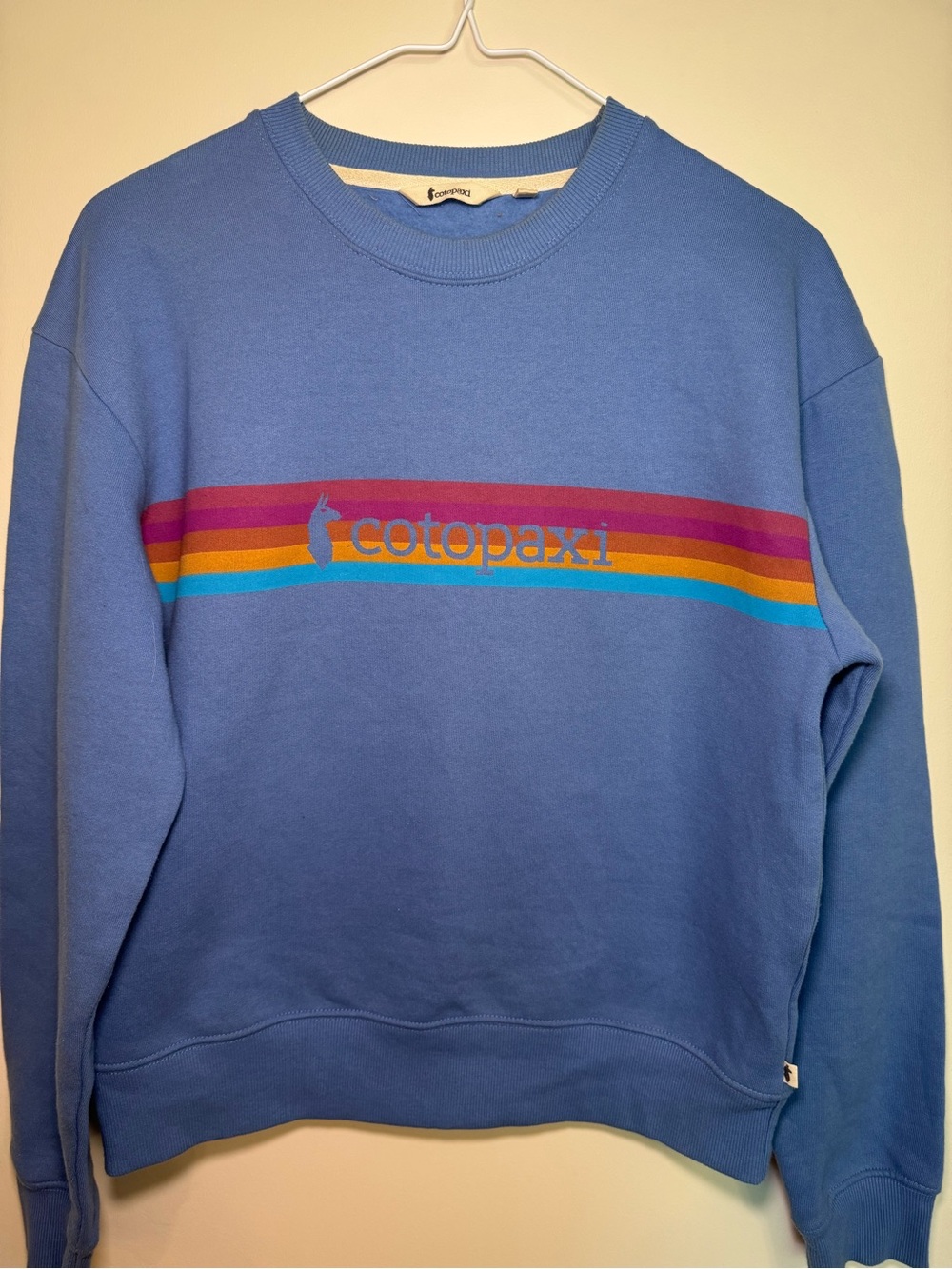 cotopaxi Blue Crewneck Sweatshirt with Multicolor Stripe Logo